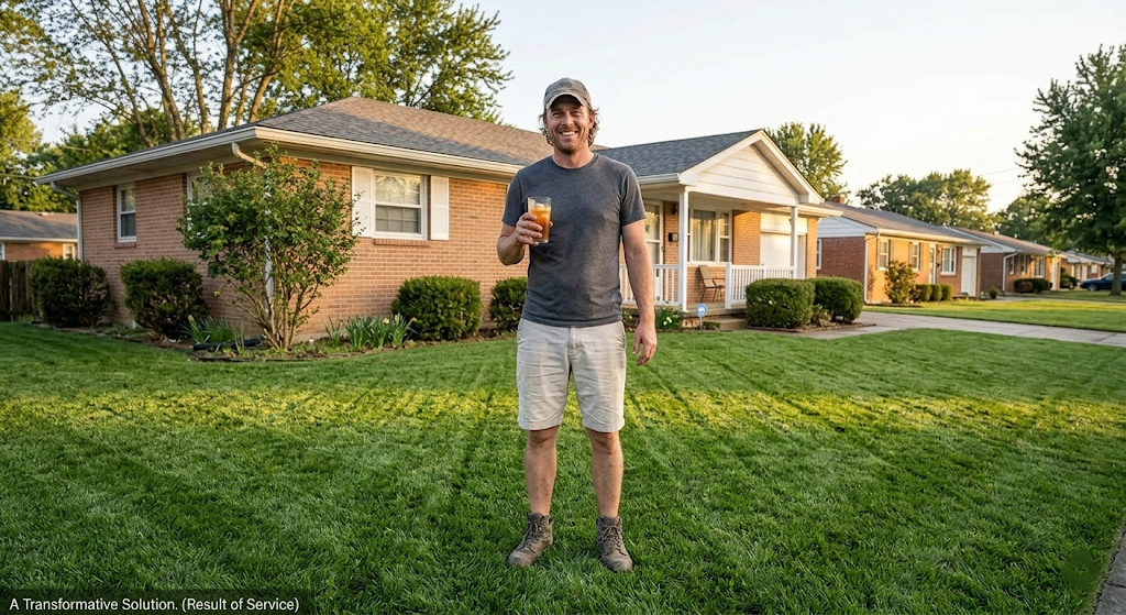 Same lawn now lush thick green after professional aeration and overseeding