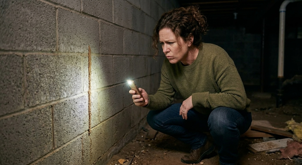 Homeowner crouching in a dark basement, shining a phone flashlight on a termite mud tube on the foundation wall