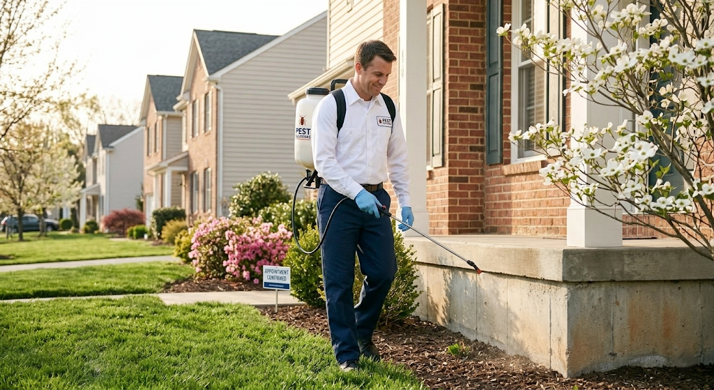 Pest control technician in company uniform using a backpack sprayer to treat the foundation perimeter of a suburban home in spring