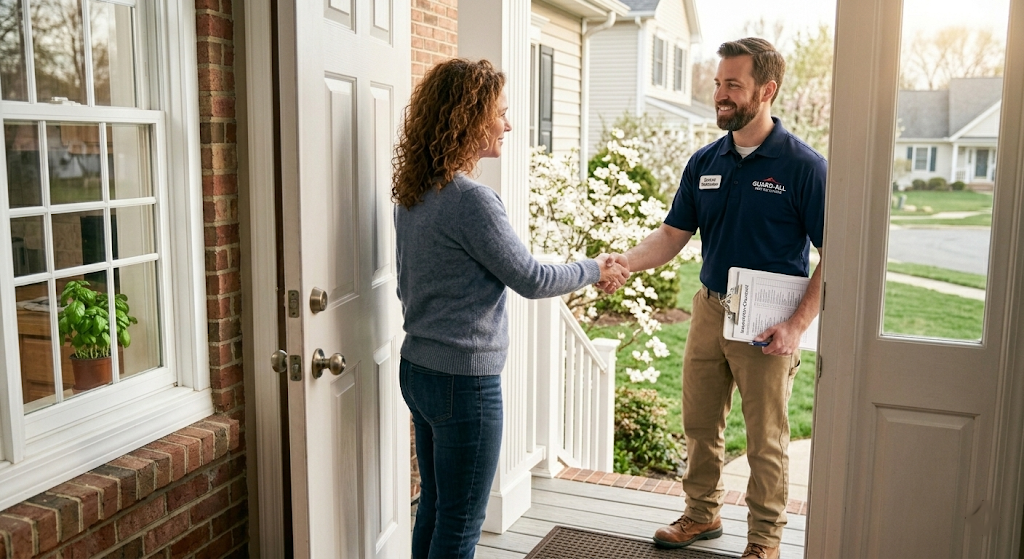 Pest control technician in branded company uniform shaking hands with homeowner at her front door on a spring morning
