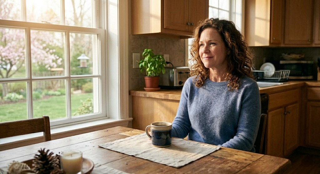 Homeowner relaxed at kitchen table with morning coffee, looking out at a clean spring yard - pest problem handled