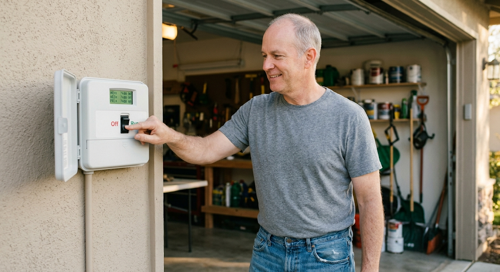 Homeowner switching irrigation controller from Off to Run at the start of spring