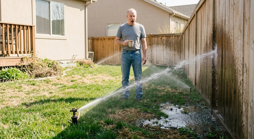 Homeowner stunned as a broken sprinkler head blasts water sideways across the yard