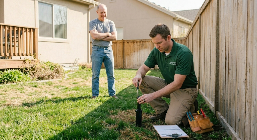 Irrigation contractor in uniform crouching to adjust a sprinkler head while homeowner watches