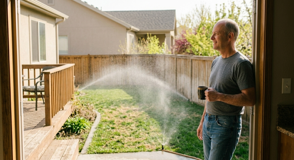 Homeowner looking out at a lush, evenly watered green lawn after a successful spring irrigation startup