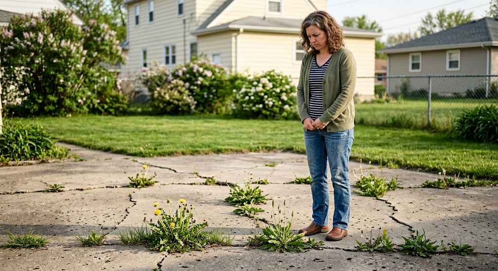 Homeowner standing on a cracked, weed-choked concrete patio in a Midwest backyard, looking down at the deteriorating surface