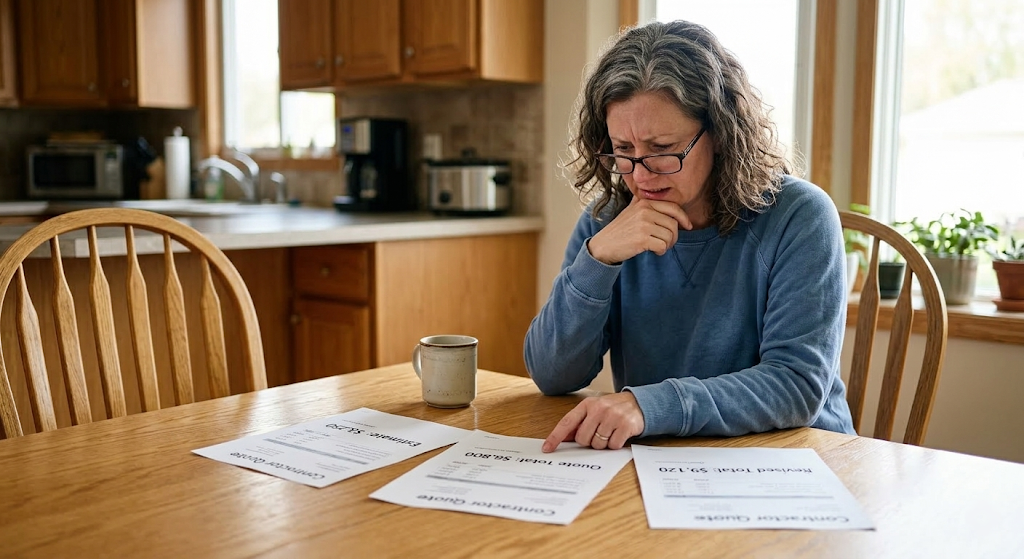 Homeowner at kitchen table studying three contractor quote sheets with visibly different prices, expression showing stress and confusion