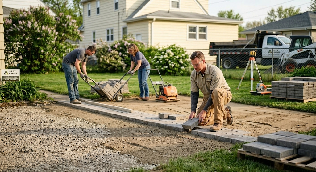 Three-person hardscaping crew laying concrete pavers in a suburban backyard, with a plate compactor, hand truck, and loaded truck visible in the background
