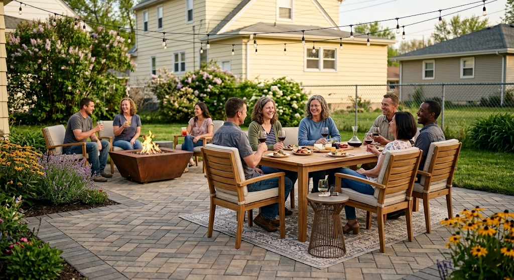 Homeowner hosting friends on a finished herringbone paver patio with a fire pit, string lights, and outdoor dining on a warm summer evening