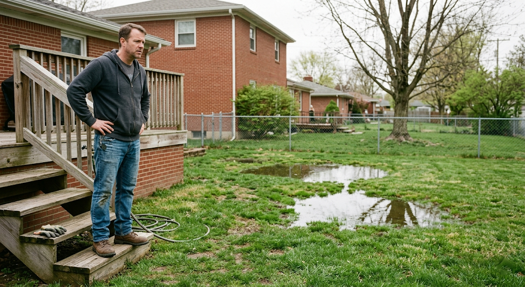 Homeowner standing on back porch steps with hands on hips, looking at a large standing puddle in his backyard after heavy spring rain