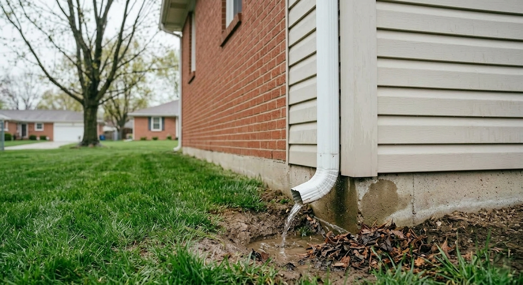 White aluminum downspout on a Midwest brick ranch home terminating at the foundation with water actively pooling in the mud and staining the concrete block