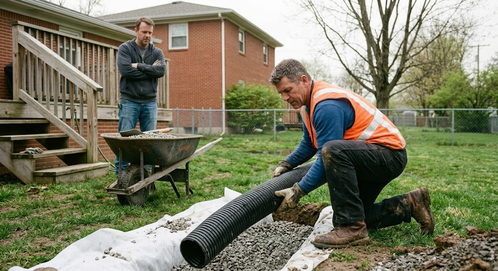 Drainage contractor in hi-vis vest laying perforated pipe in a gravel-filled trench while the homeowner watches from the background