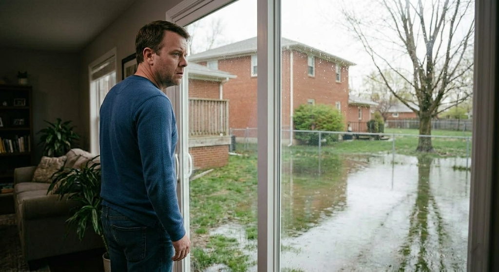 Homeowner standing at sliding glass door with a worried expression, looking out at a backyard almost entirely covered in standing water after spring rain