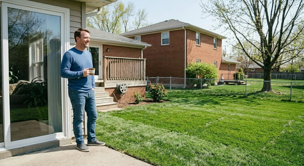 Homeowner smiling with a cup of coffee, standing by the sliding glass door looking out at a dry, lush green backyard after French drain installation