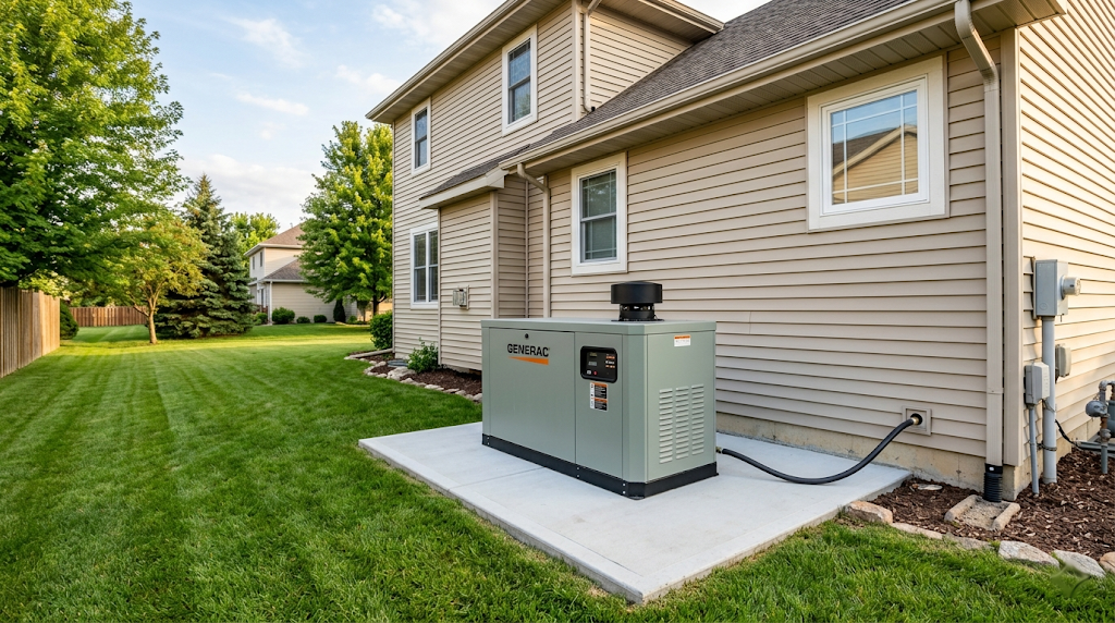 Generac whole-home standby generator installed on a concrete pad in the side yard of a beige two-story suburban Midwest home