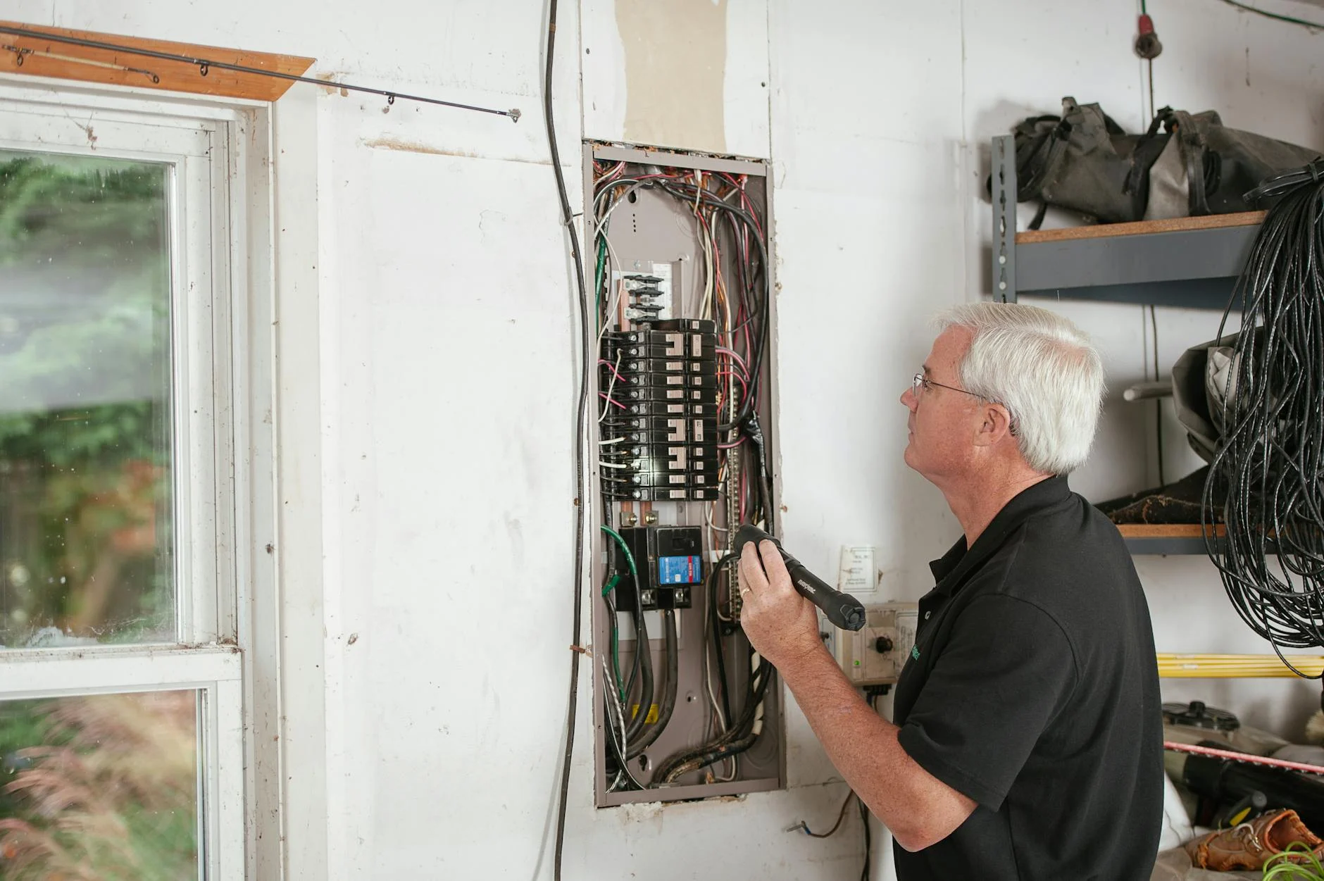 Technician with white hair inspecting a residential electrical breaker panel in a garage — checking compatibility for a whole-home generator transfer switch installation