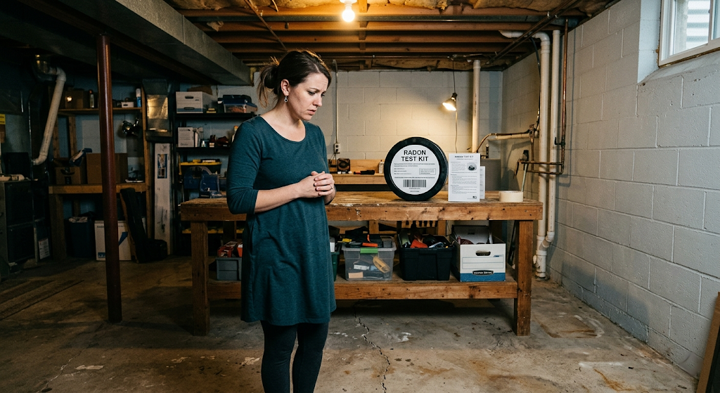 Homeowner standing in her basement beside a radon test kit on a workbench