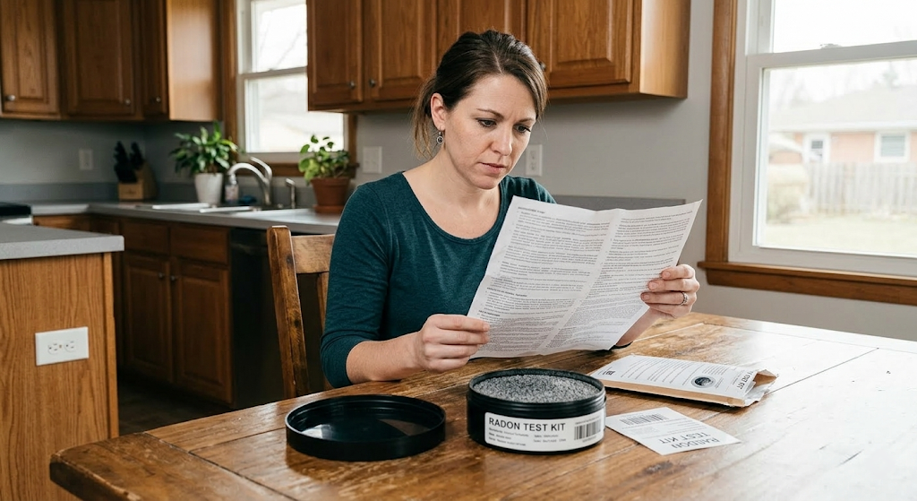 Woman at kitchen table reading the instructions for a radon test kit
