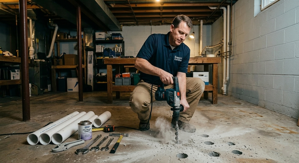 Saorr Certified radon contractor drilling into basement floor to install sub-slab depressurization system