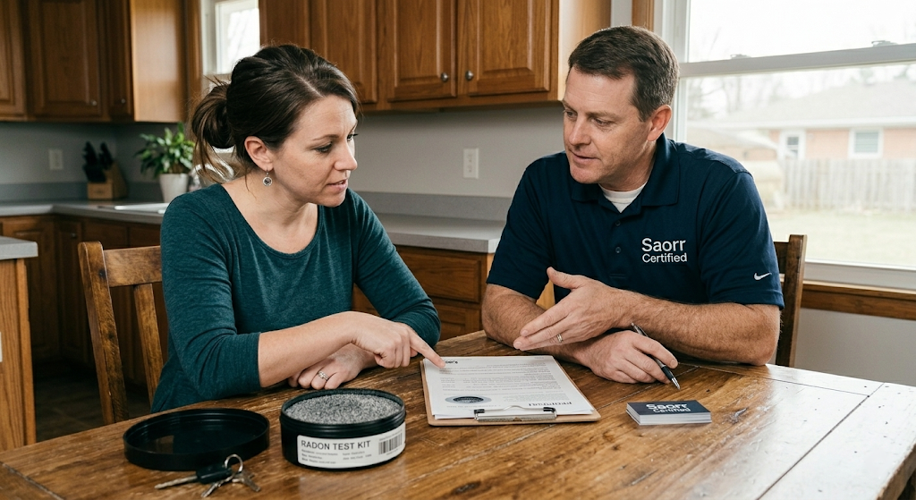 Homeowner and Saorr Certified radon contractor reviewing radon test results at kitchen table