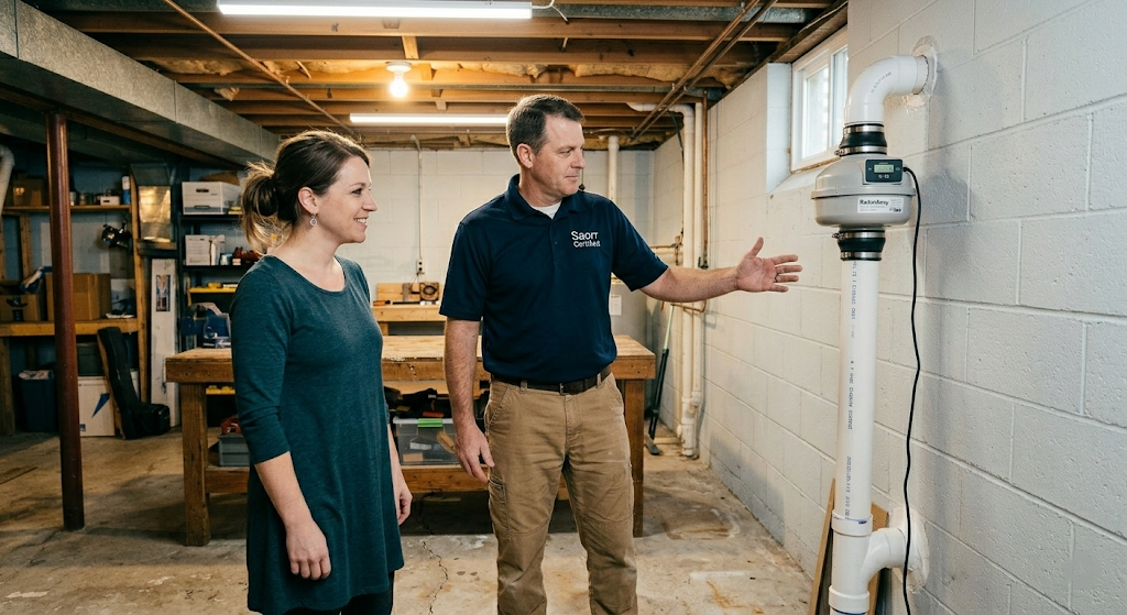 Homeowner and Saorr Certified contractor inspecting completed radon mitigation system pipe and fan in basement