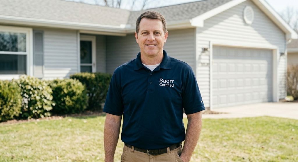 Saorr Certified radon contractor standing in front of residential home
