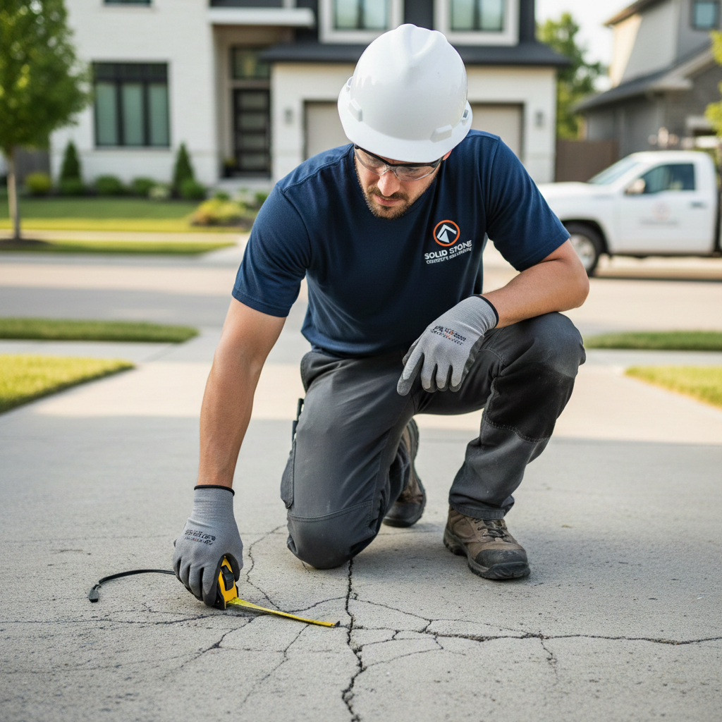 A concrete contractor measures cracks on a residential driveway during an inspection