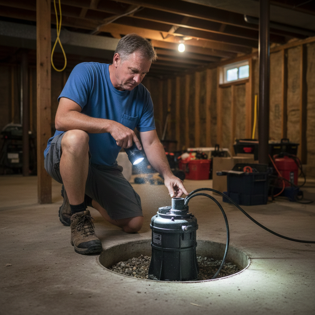 A homeowner in casual clothes crouches in his basement, shining a flashlight into an open sump pump pit to inspect the pump