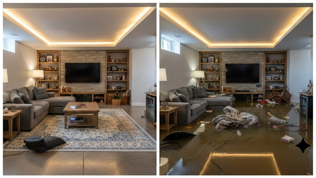 Side-by-side comparison: a dry finished basement living room (left) vs. the same room flooded with murky water after sump pump failure (right)