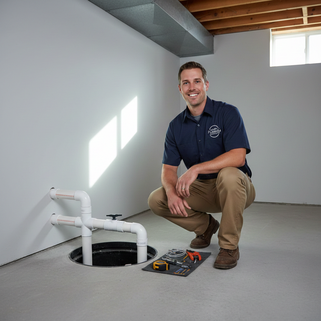 A licensed plumber crouches beside a newly installed sump pump in a clean basement