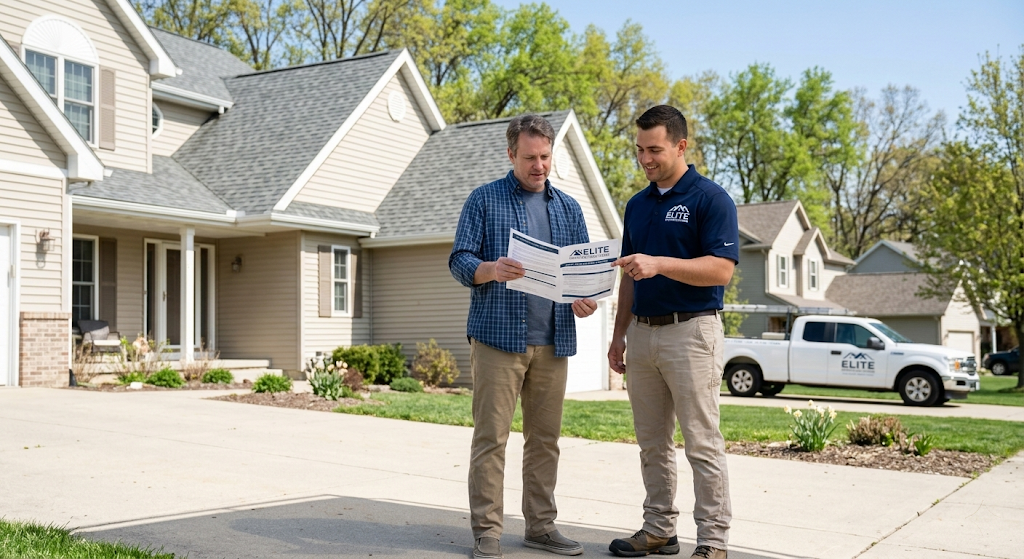 Homeowner reviewing an Elite roofing proposal in his driveway — spring afternoon, branded truck in the background, the roof clearly visible above them
