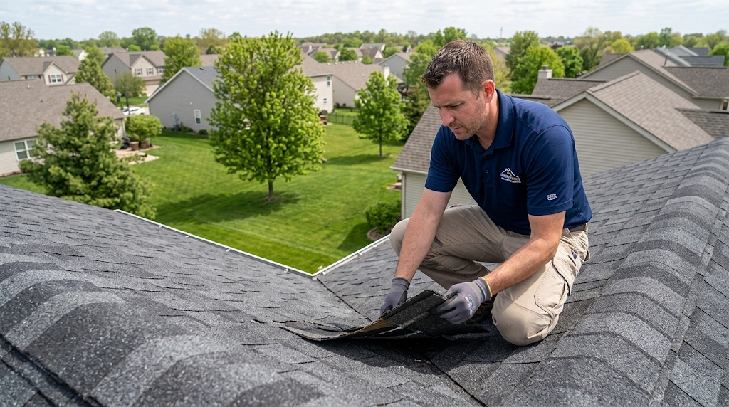 Licensed roofing contractor crouching on asphalt shingles examining winter damage — suburban Indiana neighborhood visible below in spring