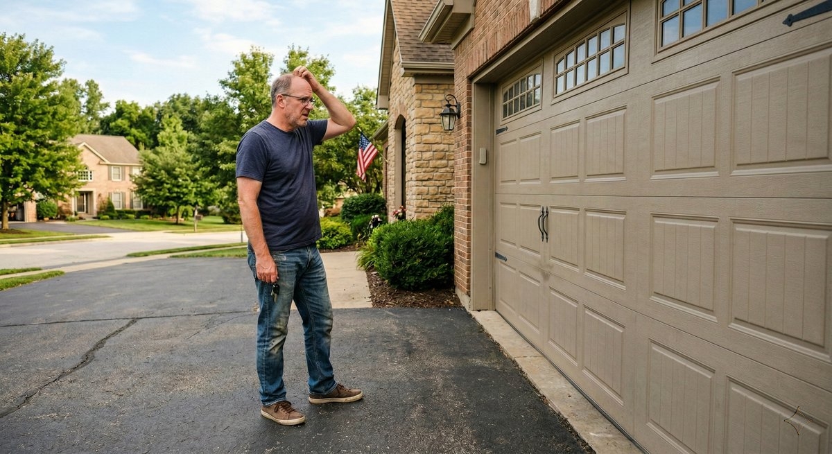 Homeowner standing in driveway scratching his head, looking confused at his closed garage door with remote in hand