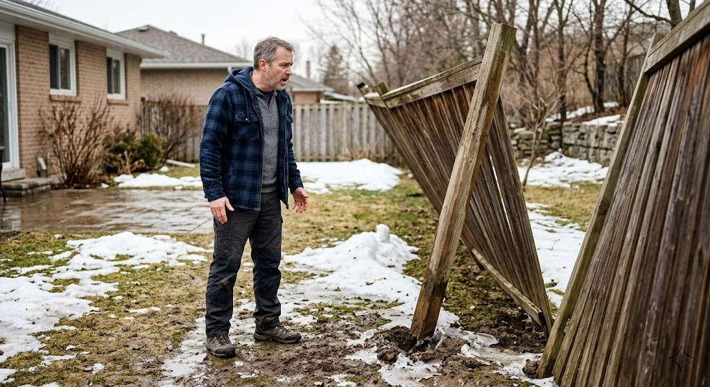 Homeowner standing in muddy backyard looking at a collapsed wooden fence section after a Midwest winter
