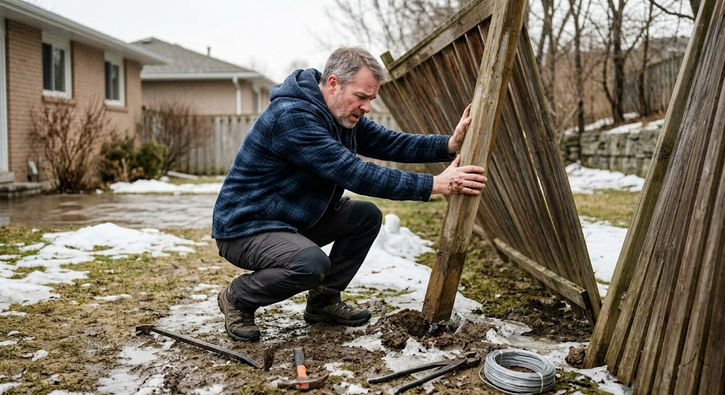 Homeowner crouching down trying to push a leaning fence post back into place with tools scattered on the ground