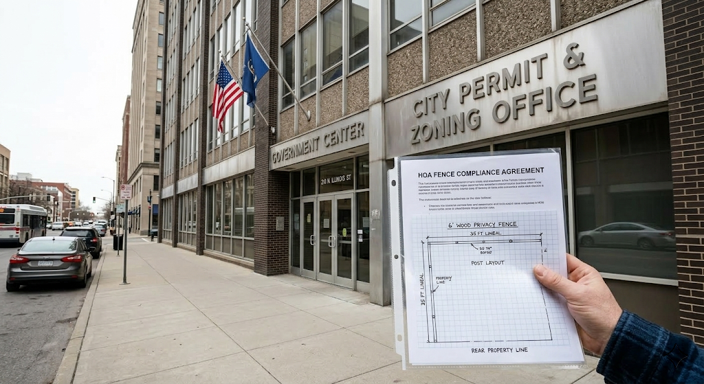 Homeowner holding an HOA fence compliance agreement outside a City Permit and Zoning Office
