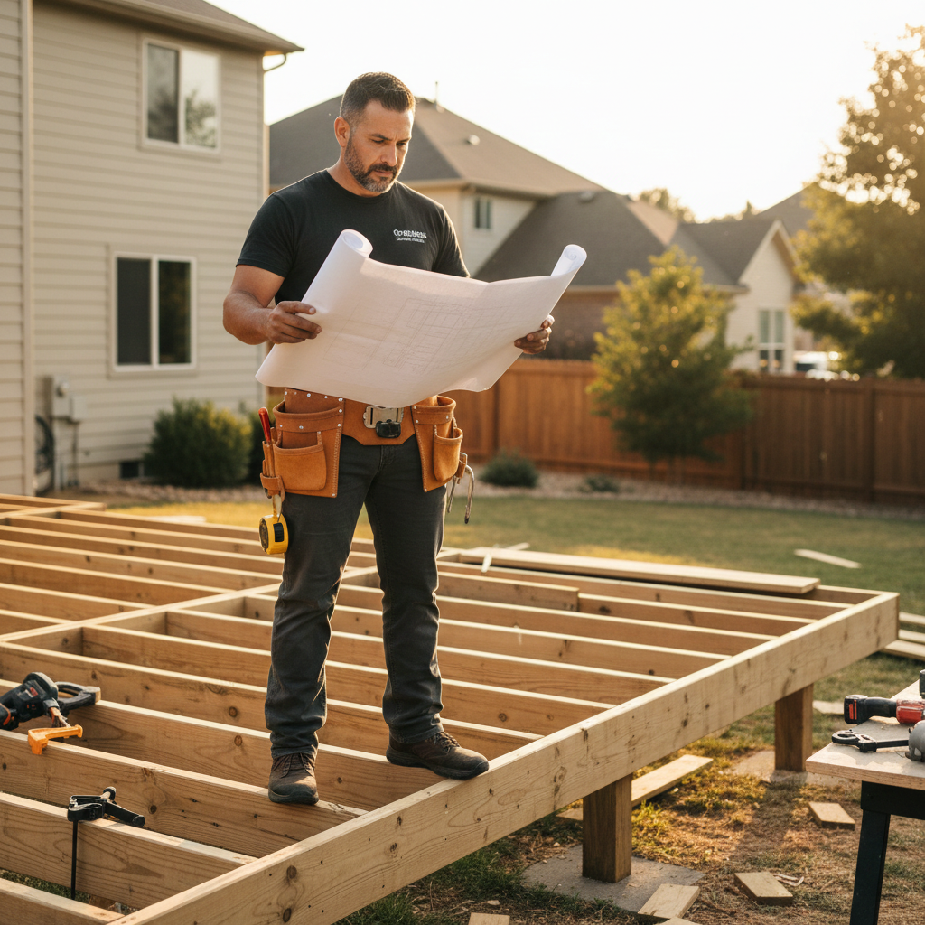 A deck contractor reviews blueprints while standing on the framed structure of a new backyard deck