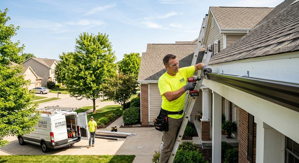 Seamless gutter installation — contractor on ladder securing bronze aluminum gutter run against white fascia on a suburban home