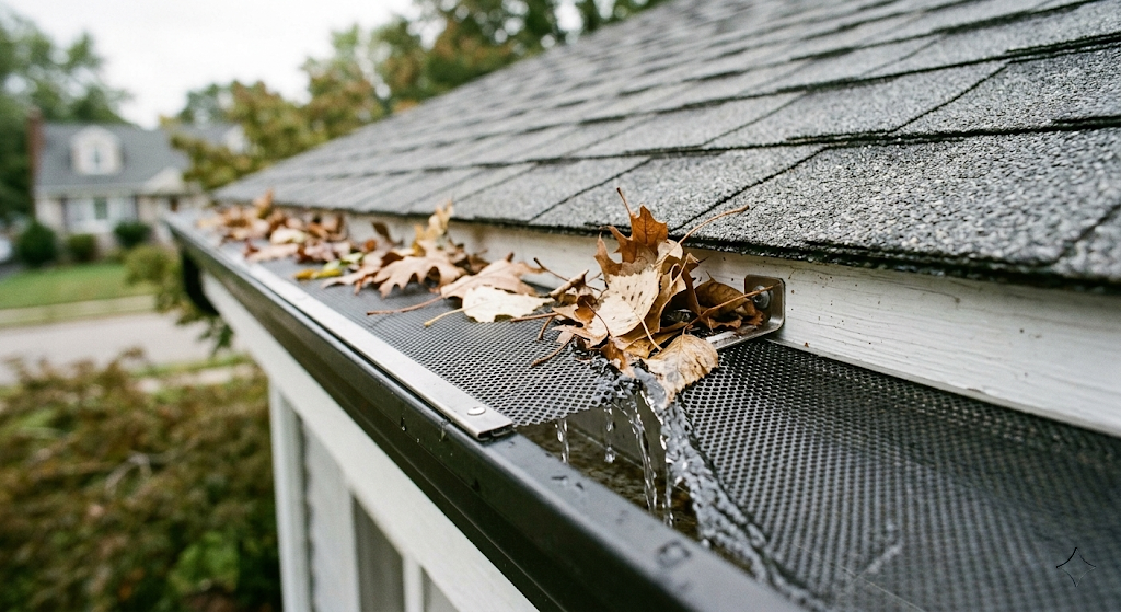 Micro-mesh gutter guard on a residential roofline — autumn leaves caught on top of the mesh while water drains through