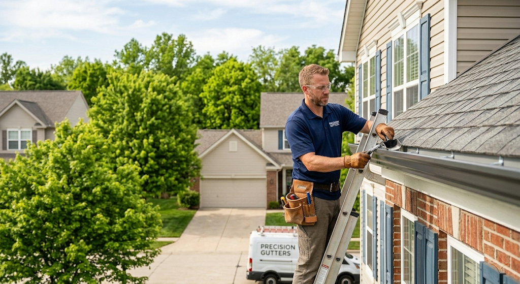 Licensed gutter contractor on a ladder servicing gutters on a suburban brick home — a Precision Gutters-style professional ready for your spring inspection