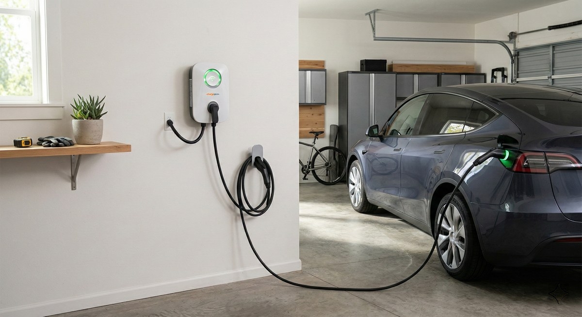 Level 2 EV home charger mounted in a residential garage with a Tesla charging, showing the dedicated 240V circuit required