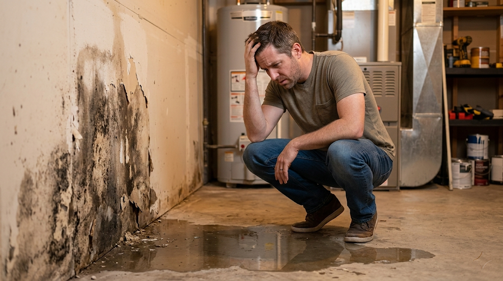 Homeowner crouching in basement beside mold-covered water-damaged wall — the real cost of a failed outdoor plumbing connection