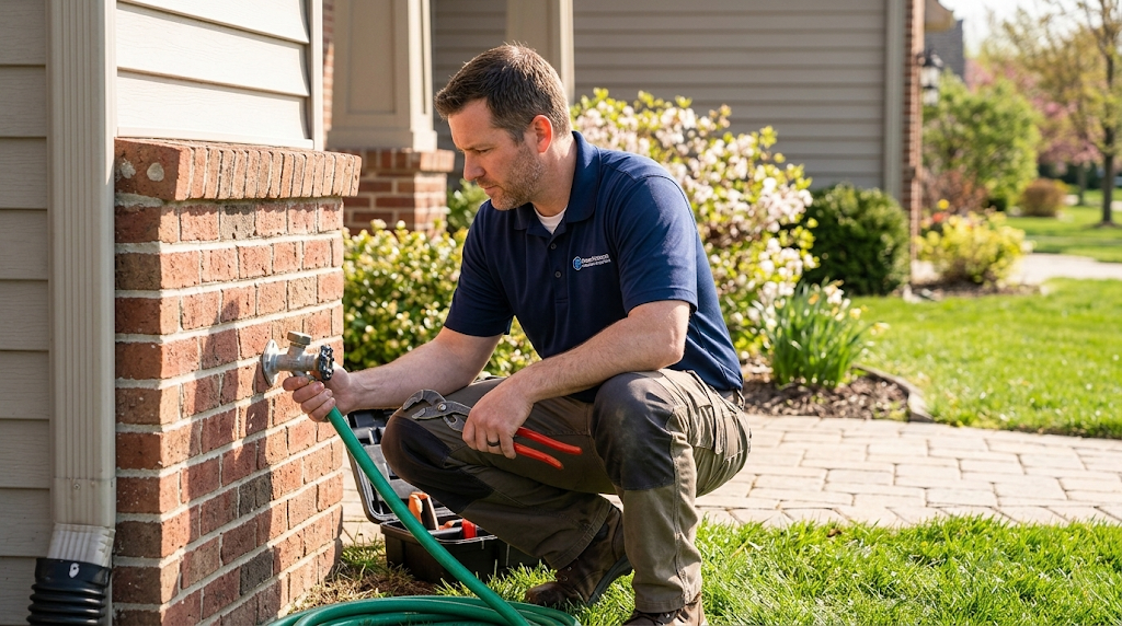 Licensed plumber in navy polo crouching at an outdoor hose bibb with tools — exactly who you want on-site before spring rains arrive