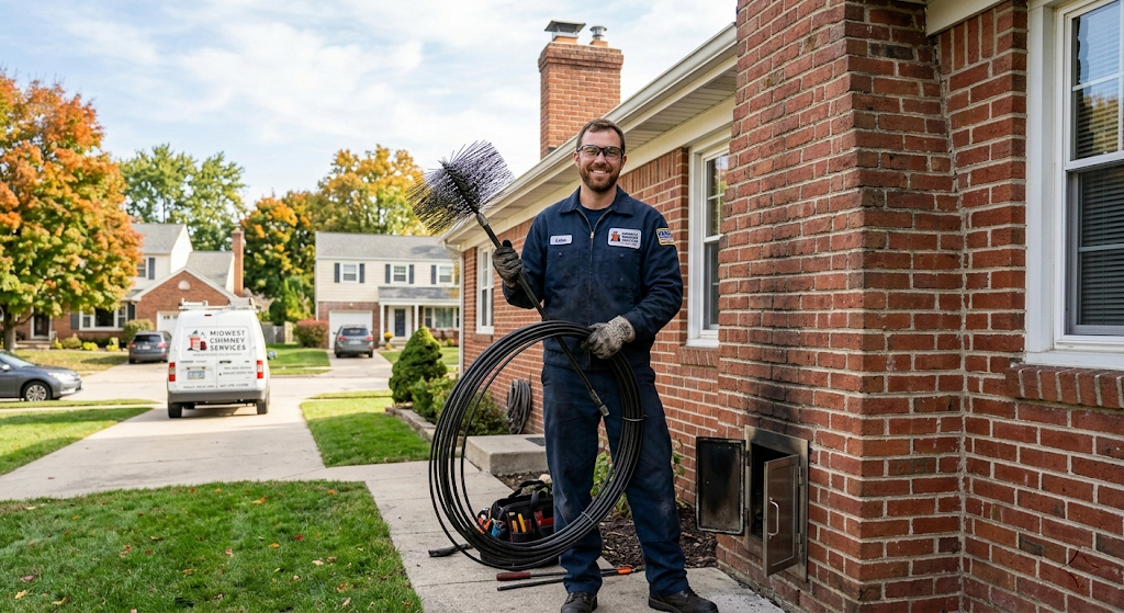 Chimney sweep in dark blue coveralls holding a brush and flexible rods beside a brick midwestern home, with Midwest Chimney Services van in the background
