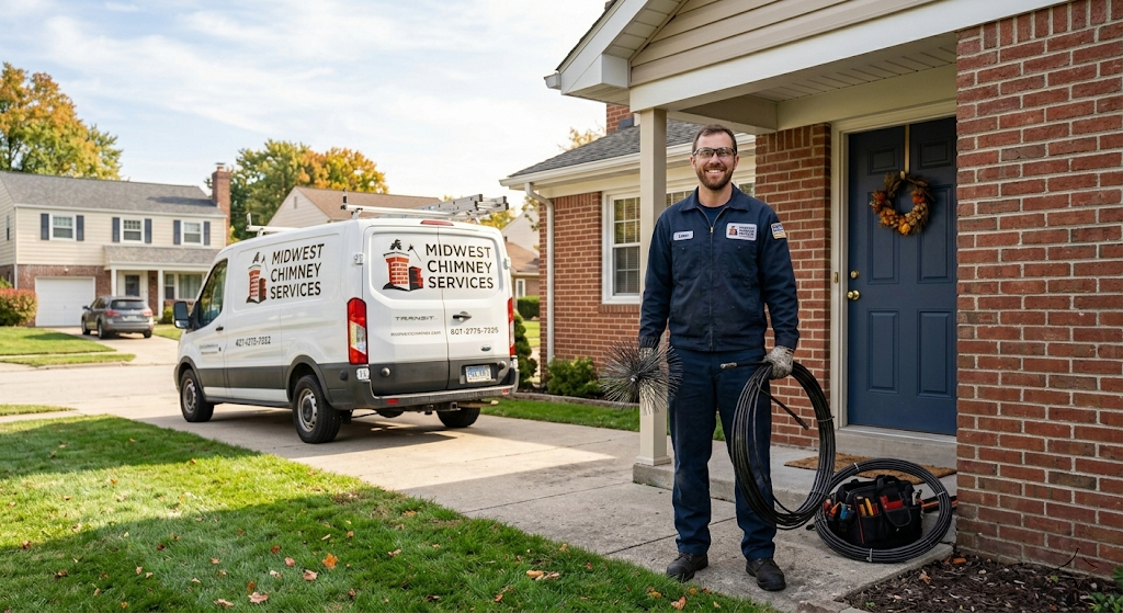 Chimney sweep technician in blue coveralls smiling at front door of brick midwestern home with Midwest Chimney Services van in driveway