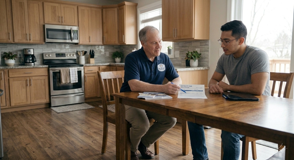 Insulation contractor in navy polo sitting at homeowner's kitchen table reviewing a printed estimate
