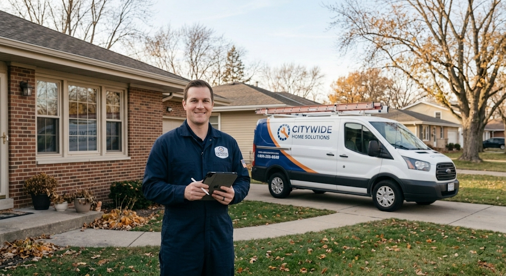 Insulation contractor in navy coveralls holding a tablet outside a midwestern brick ranch home with Citywide Home Solutions van in the driveway