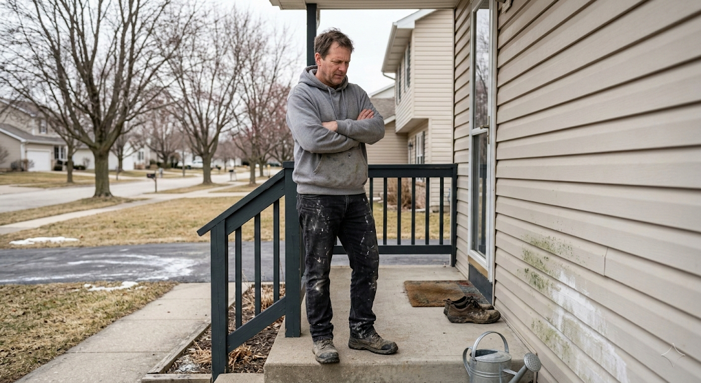Homeowner surveys mold and salt-stained siding on his Midwest house after a long winter