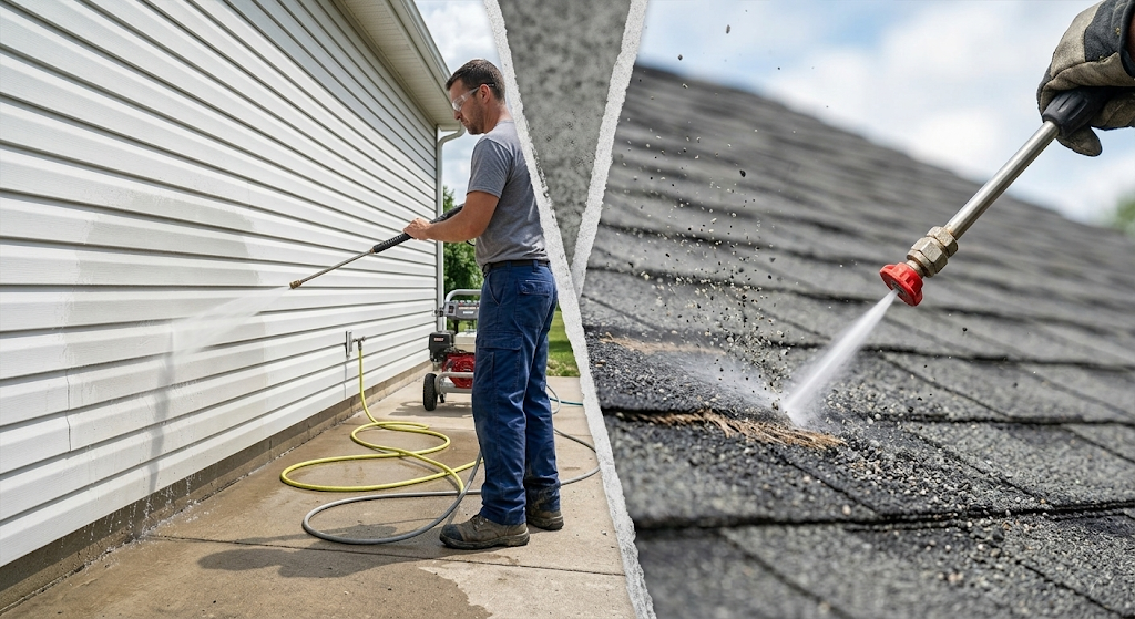 Correct wide-fan soft wash on vinyl siding versus damaging high-pressure stream on roof shingles
