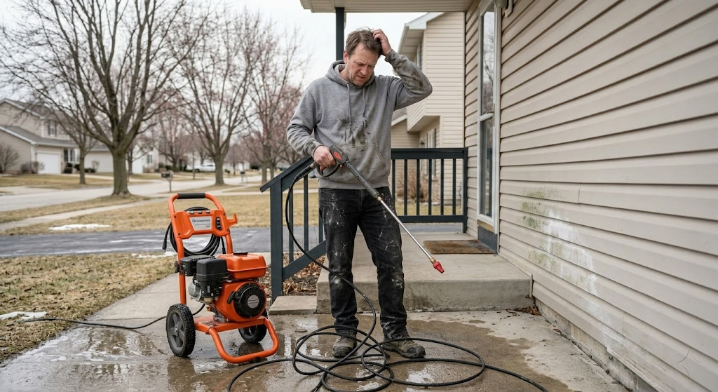 Homeowner struggling with rented pressure washer in driveway, hose tangled, clearly uncertain
